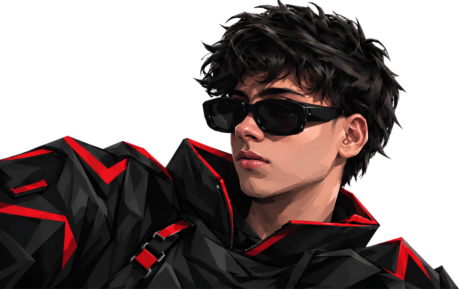 Illustrated portrait of Shibil Ahamed looking to the side, in sunglasses and an angular black and red jacket