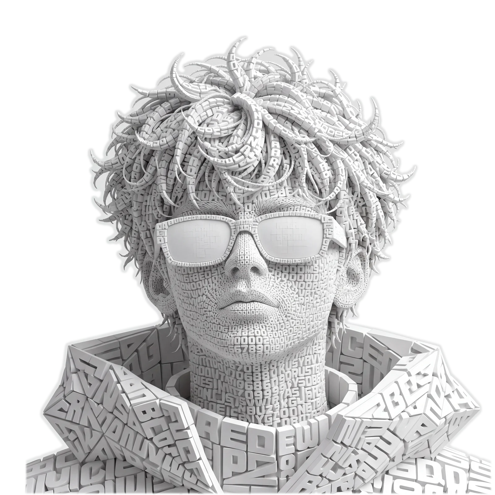 Typographic sculpture of Shibil Ahamed's head and shoulders, wearing sunglasses